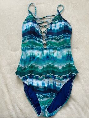 Women’s Blue Green Tie-Dye One-Piece Swimsuit with Lace-Up Front